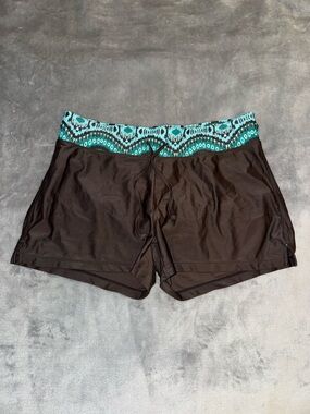 Athleta Swim Shorts Brown with Teal Waistband Women’s Size Medium
